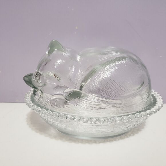 Indiana Glass Other - Cat On A Nest Sleeping Indiana Clear Glass Home Decor 4" × 6.5" ×4"